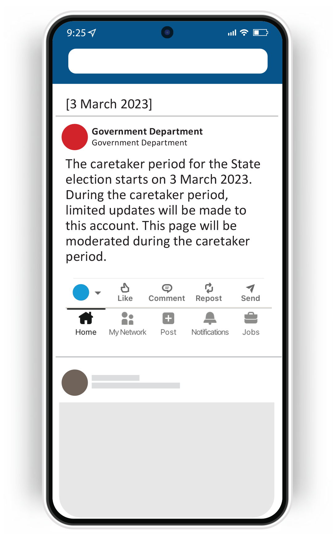 Example 3 The caretaker period for the state election starts on 3 March 2023. During the caretaker period limited updates will be made to this account. This page will be moderated during the caretaker period.
