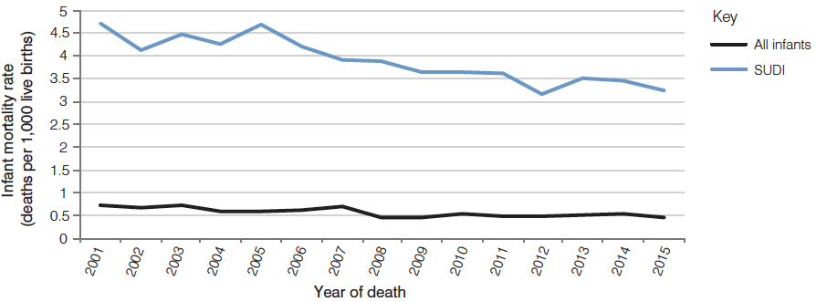 All infant dealths has been relatively steady at around 0.5 deaths per 1,000 live births. SUDI dealths has been declining from 2001 to 2015 from 4.75 per 1000 to 3.25 per 1000