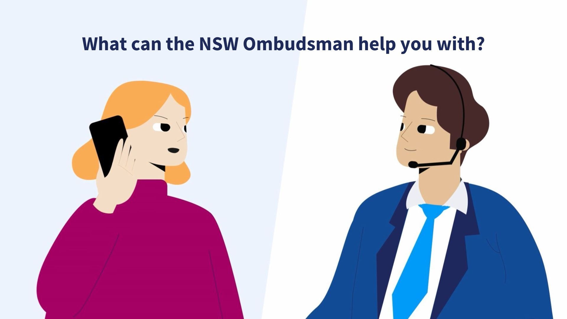 an animated woman on the phone with a man wearing a headset